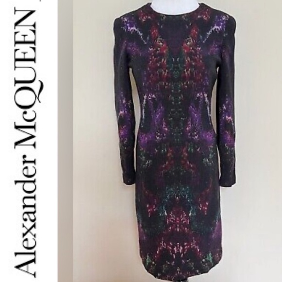 Alexander McQueen Black Purple Green Feather Print Pencil Dress - Picture 3 of 15